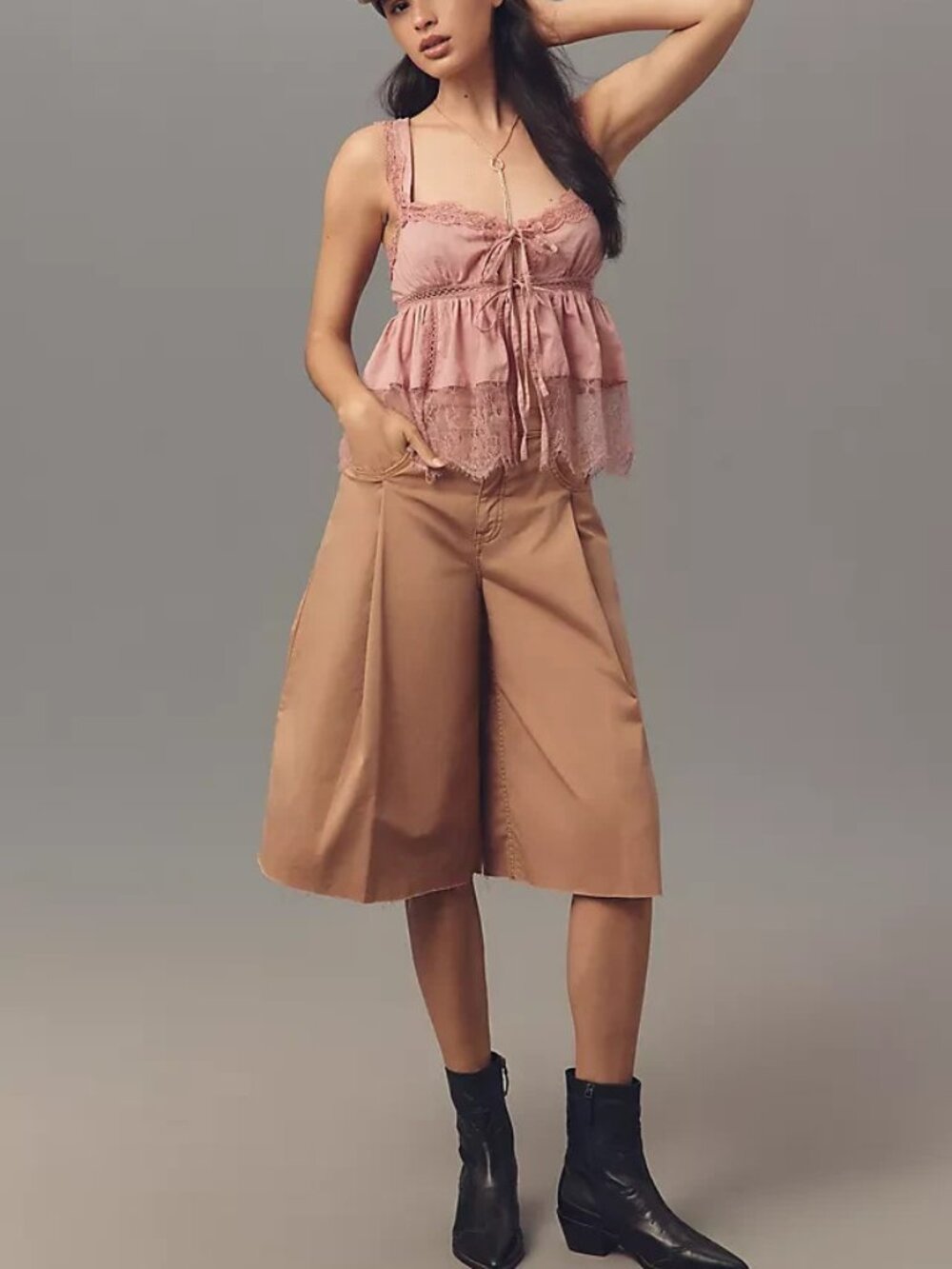 Pilcro Anthropologie Linen Blend Pleated Culotte Jeans Tan Size 34 NWT